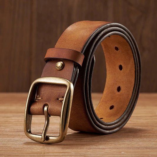 Thick Cowhide Copper Pin Buckle Real Genuine Leather Belt