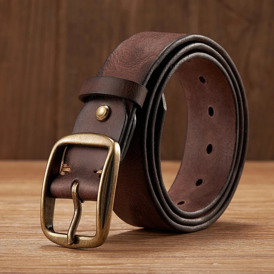 Thick Cowhide Copper Pin Buckle Real Genuine Leather Belt